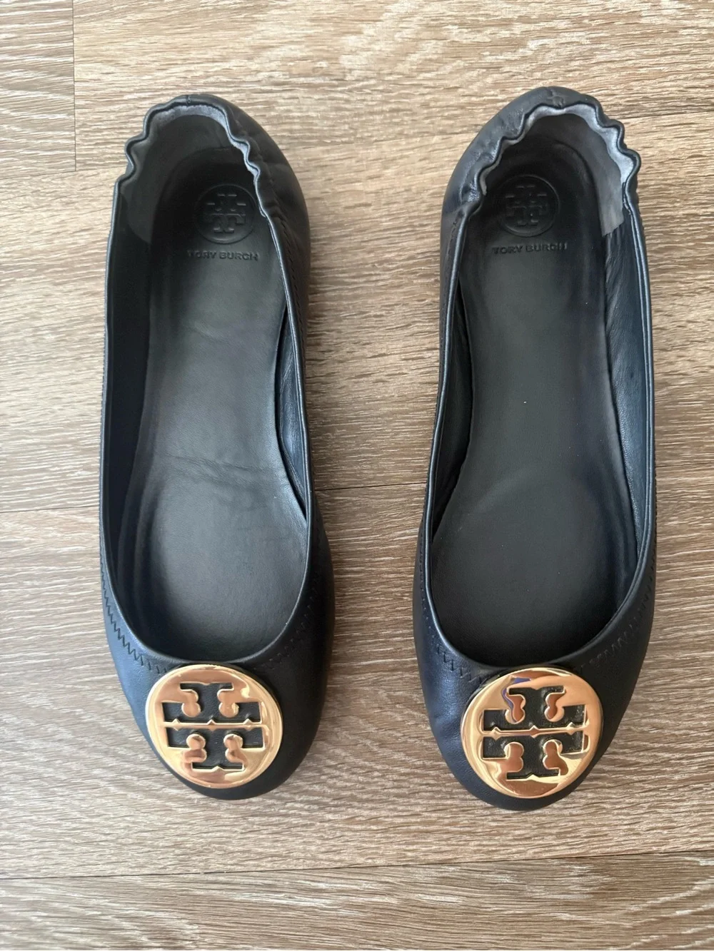 Tory Burch Black Leather Logo Ballet Flats with Gold Emblem